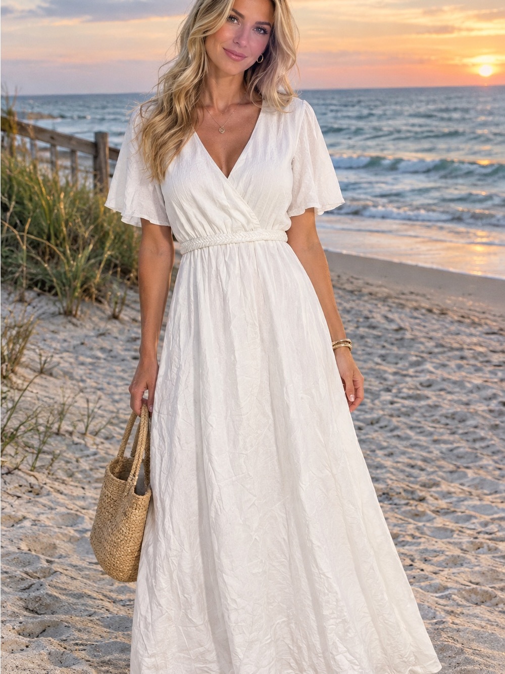 Elegant White Maxi Dress with V-Neck and Flutter Sleeves by Promod Size 6